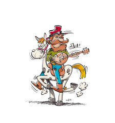 white horse with black specks walking, ridden by a cowboy with a beard and hat, who plays the banjo