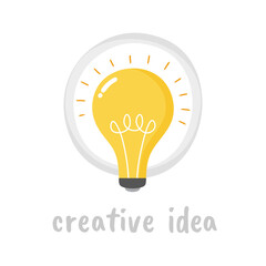 Light bulb with concept of idea. cartoon hand drawn sign logo. Vector Illustration