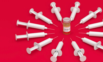 concept of coronavirus covid-19 vaccine with white syringes aiming to cure formula, 3d render
