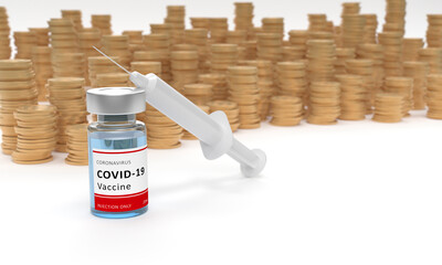 covid-19 (coronavirus) vaccine and piles of coins as concept for the economic profit for the pharmacy industry and the discovery of the cure. 3d render