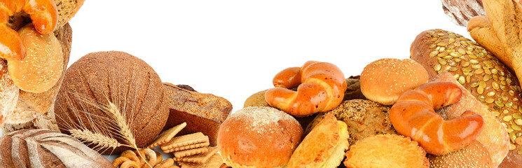 Bread and bakery products isolated on white. Collage.