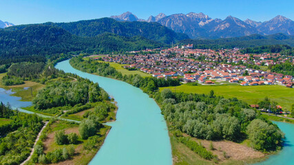 Aerial view over the city of Fuessen in Bavaria, Germany - home of the famous Bavarian King Ludwig...