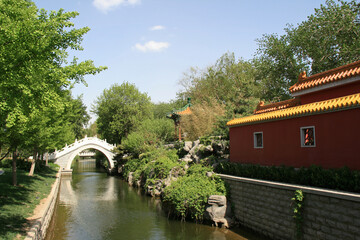 Fototapeta premium canal, bridge and building in beijing (china)