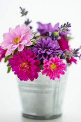 Bouquet of asters in small bucket 