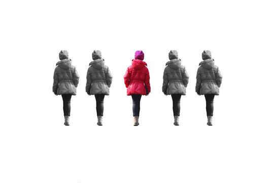 Abstract photo of girl in red jacket from back between black and white images of same girl isolated on white background