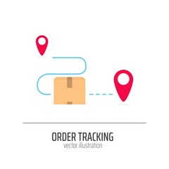 Order tracking with box and red location sign vector illustration. Carton box with things flat style. Shipping and distribution concept. Isolated on white background