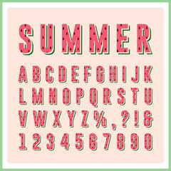 Watermelon alphabet letters & number set. Vector fruit typography. Summer font or typeface collection for title or headline design.