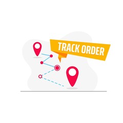 Track order icon with text and red location sign vector illustration. Direction of package flat style. Delivery service and transportation concept. Isolated on white background