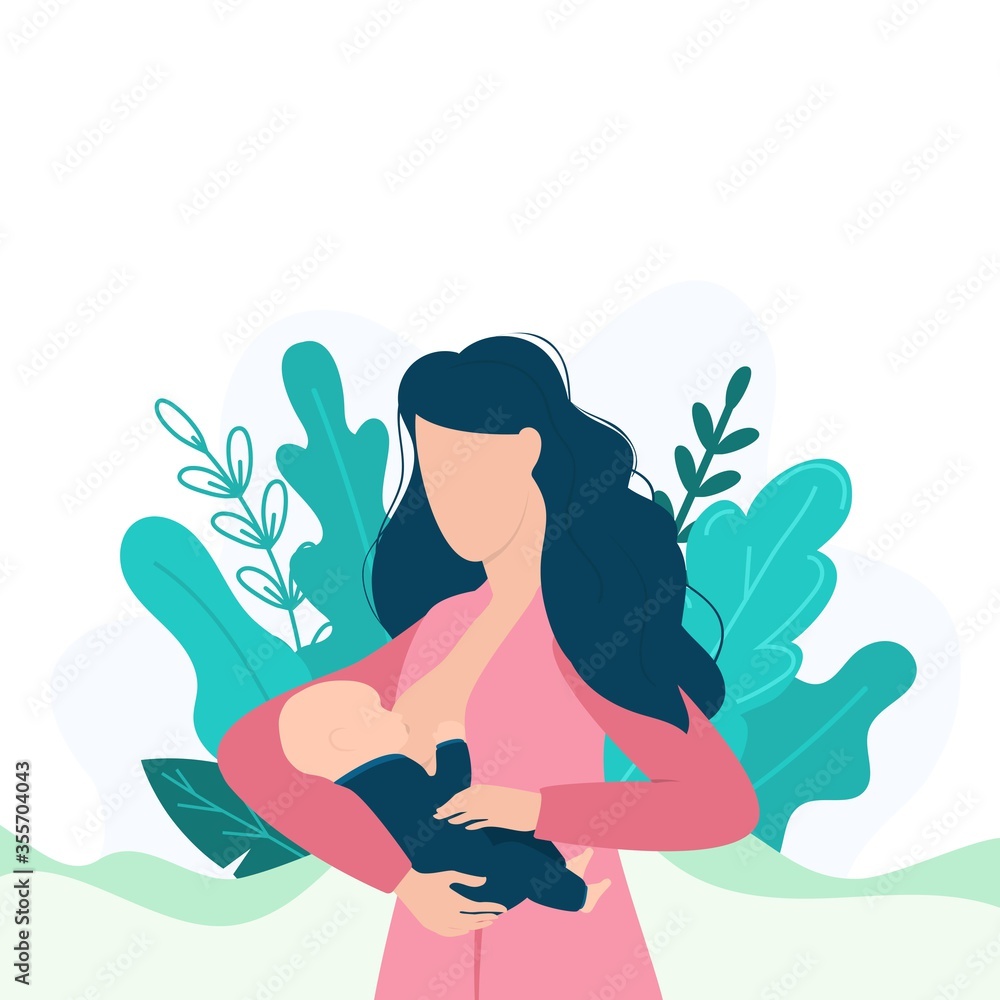 Wall mural woman breastfeeding baby in beautiful pink dress vector illustration. female with newborn flat style