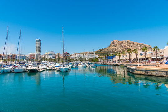 Castle of Santa Barbara overlooking port of Alicante in Spain
