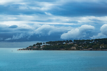 Regatta race on a coast of French rivera, beautiful nature landscape. Travel destination to have a good journey.