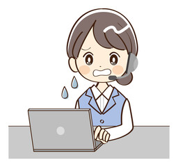 女性、コールセンター、パソコン、困惑