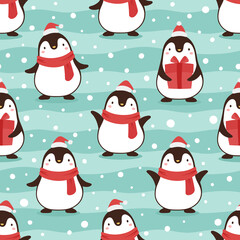 Penguin seamless pattern background, cartoon christmas theme, animal vector illustration 