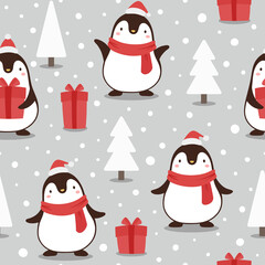 Penguin seamless pattern background, cartoon christmas theme, animal vector illustration 