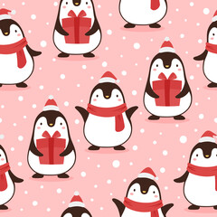 Penguin seamless pattern background, cartoon christmas theme, animal vector illustration 