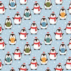 Penguin seamless pattern background, cartoon christmas theme, animal vector illustration 