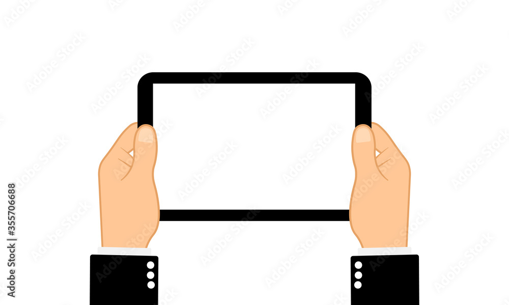 Poster hands holing tablet computer with blank scree. flat design concept on isolated background. eps 10 ve