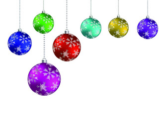 3D colorful Christmas glossy balls hanging. Isolated on white background, free space for text, vector illustration. Idea for celebration, season greetings and Christmas holidays.