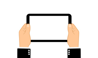 Hands holing tablet computer with blank scree. Flat design concept on isolated background. Eps 10 vector. Business concept
