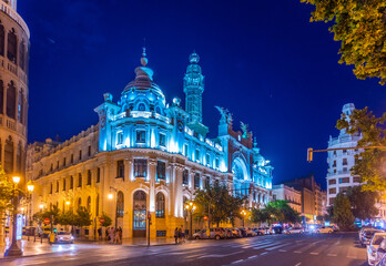 Night view of Post office in the center of Valencia, Spain