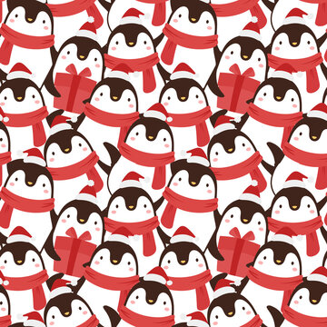 Penguin seamless pattern background, cartoon christmas theme, animal vector illustration 