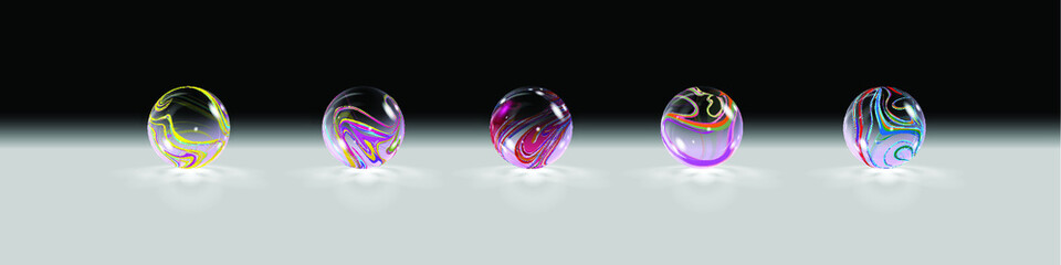 Five glass balls with color abstract colored stripes on a transparent background. Vector