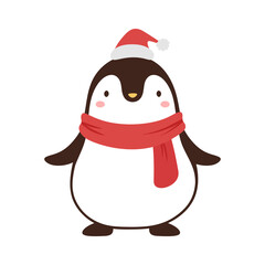 Penguin cute icon with christmas theme, gift hat and scarf, Penguin logo vector illustration 