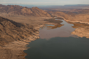 Aerial views on Grand Canyon, Lake Mead  and Colorado River on the border of Nevada and Arizona