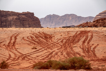 Red sand and rocks in the Wadi Rum desert in Jordan.