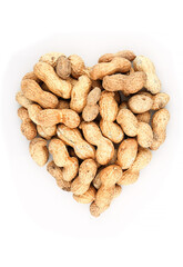 Heart shaped organic In shell peanuts heap on white background
