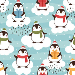 Penguin seamless pattern background, cartoon christmas theme, animal vector illustration 