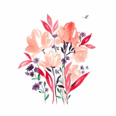 Watercolor bouquet of pink flowers with red leaves on white background.