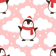 Penguin seamless pattern background, cartoon christmas theme, animal vector illustration 