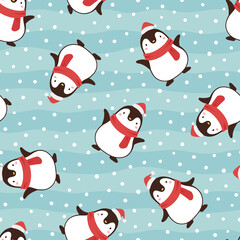 Penguin seamless pattern background, cartoon christmas theme, animal vector illustration 