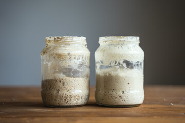 Bread sourdough starter. Batter. Fermentation process. Leaven.