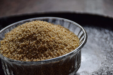Stock photo of Organic and healthy  dry raw barnyard millet  kept in glass bowl under natural light, at Bangalore, India. it is a good source of highly digestible protein good for diabetic patient.