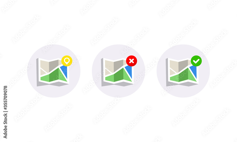 Poster map with pin, wrong and right check marks. location icon on isolated white background. eps 10 vector