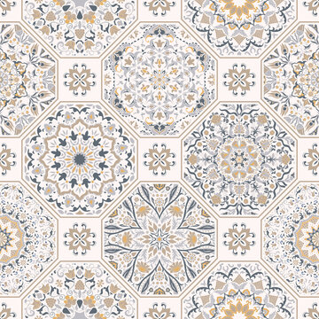 Seamless colorful patchwork in turkish style. Vintage decorative elements. Hand drawn background. Islam, Arabic, Indian, Ottoman motifs. Perfect for printing on fabric or paper, ceramic tile