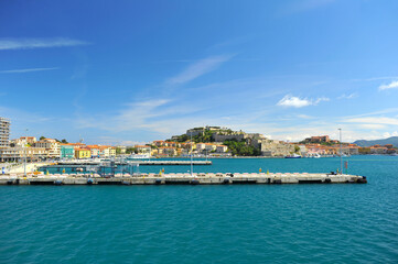 Fototapeta na wymiar view from the Mediterranean Sea to the shore buildings building, edifice