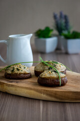 Homemade Stuffed Mushrooms using Shitake Mushroom, creemchese, and flour, Amateur chef close up macro photos. Vegetarian Dish