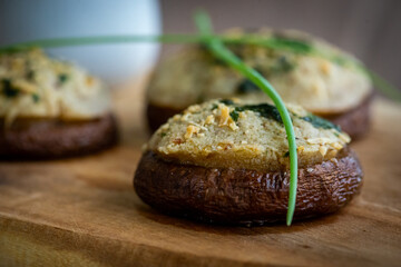 Homemade Stuffed Mushrooms using Shitake Mushroom, creemchese, and flour, Amateur chef close up macro photos. Vegetarian Dish