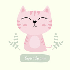sweet dreams greeting card with the cute cat was closing his eyes, cartoon kitten character design for print and kid, vector illustration with animal and leaf wallpaper