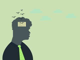 Freedom concept.Vector illustration of a bird flying out of jail in a human head showing a struggle, lacking creativity, limitations on freedom of thought