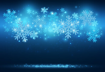 Fototapeta na wymiar Blue New Year Banner With Sparkling Snowflakes. Christmas Beauty Background.