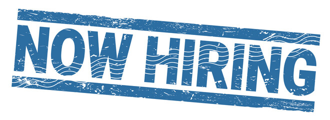 NOW HIRING blue grungy stamp.