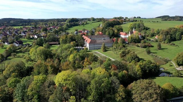 Aerial view, flight at monastery Polling with the parish church of St. Salvator and Heilig Kreuz, former Augustinian canons collegiate church, Upper Bavaria, Bavaria, Germany