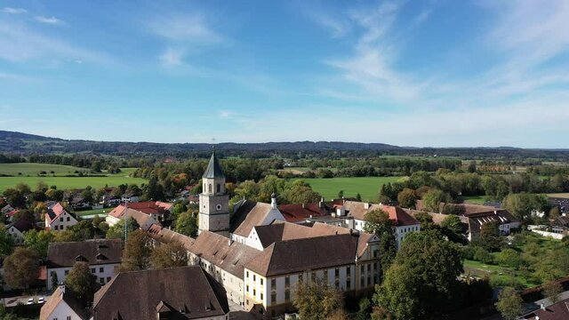 Aerial view, flight at monastery Polling with the parish church of St. Salvator and Heilig Kreuz, former Augustinian canons collegiate church, Upper Bavaria, Bavaria, Germany