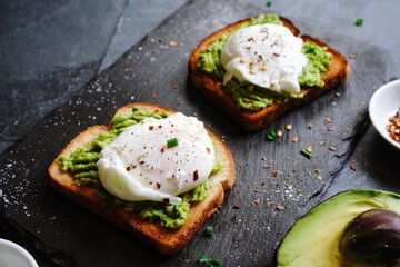 Poached egg avocado toast, selective focus