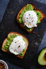 Poached egg avocado toast, selective focus
