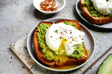 Poached egg avocado toast, selective focus